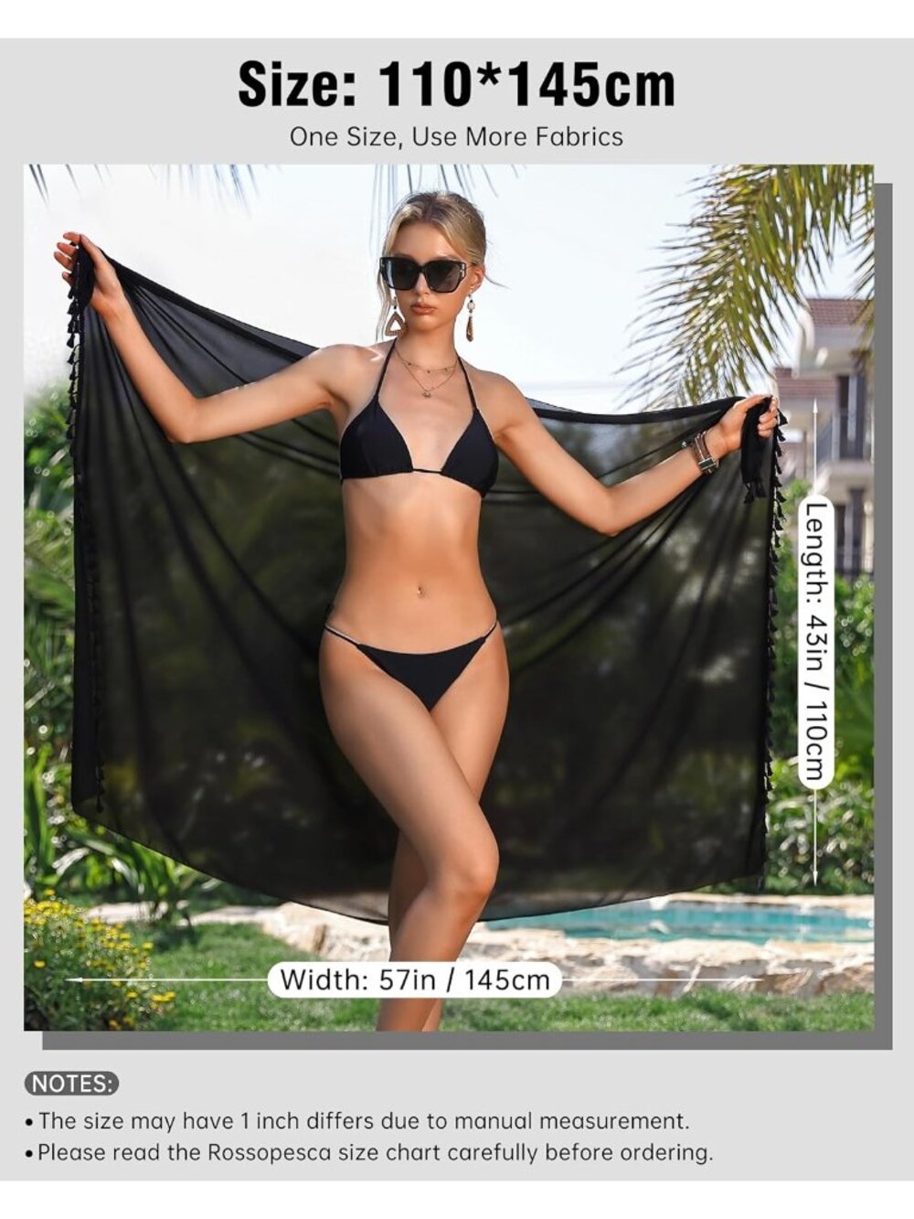 Women's Khaki Tassels Polyester Chiffon Beach Sarong Swimsuit Coverups And Wraps - Picture 6 of 6